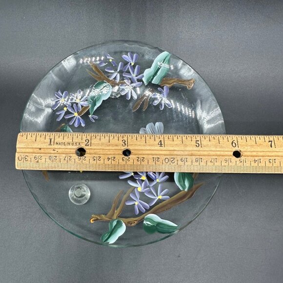 Hand Painted Glass Plate Bees Purple Flowers Decorative Floral Botanical Footed - Picture 8 of 9